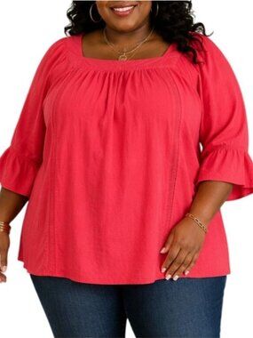 Time And Tru Size XXL Top Red Rover Bell Sleeve Peasant Top Square Neck